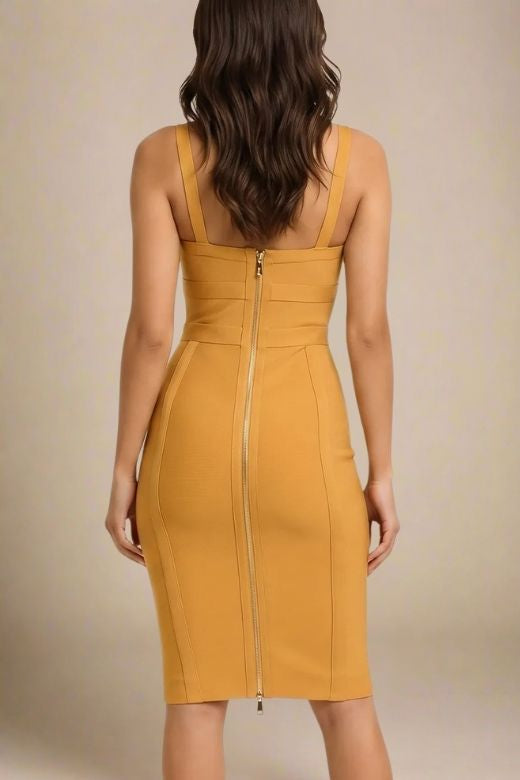 Woman wearing a figure flattering Kit Bandage Dress - Apricot Orange Bodycon Collection