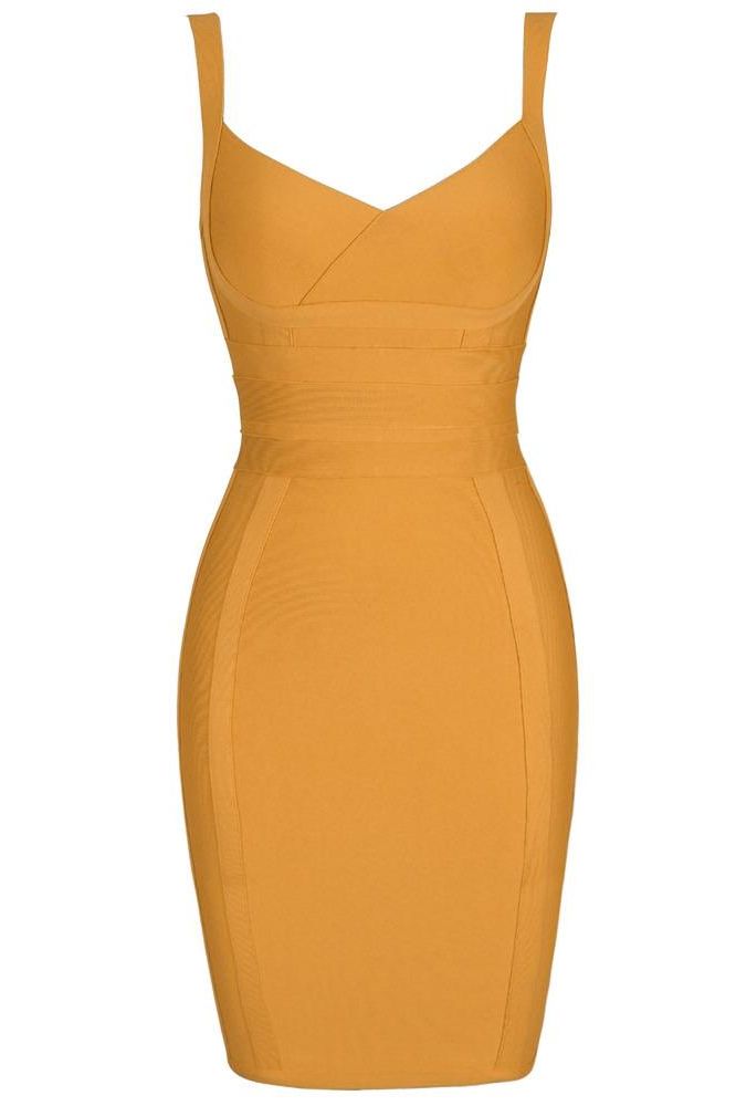Woman wearing a figure flattering Kit Bandage Dress - Apricot Orange Bodycon Collection