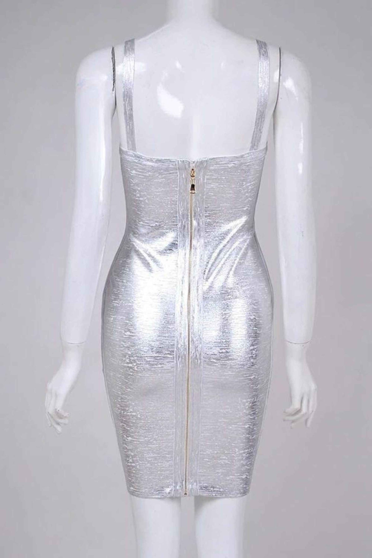 Woman wearing a figure flattering Kit Bandage Dress - Silver Bodycon Collection