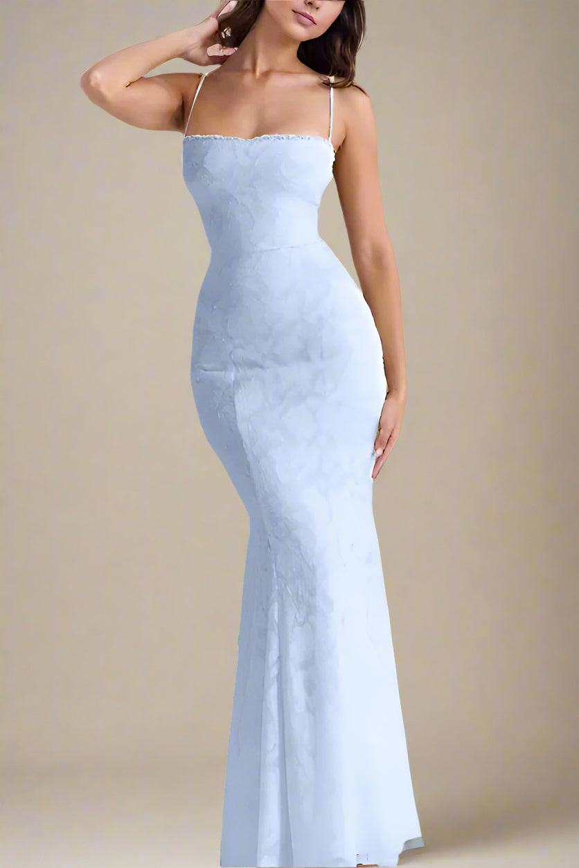 Woman wearing a figure flattering Kora Bodycon Maxi Dress - Baby Blue BODYCON COLLECTION