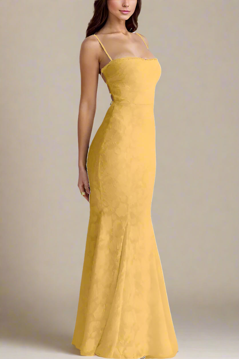 Woman wearing a figure flattering Kora Bodycon Maxi Dress - Lemon Yellow BODYCON COLLECTION