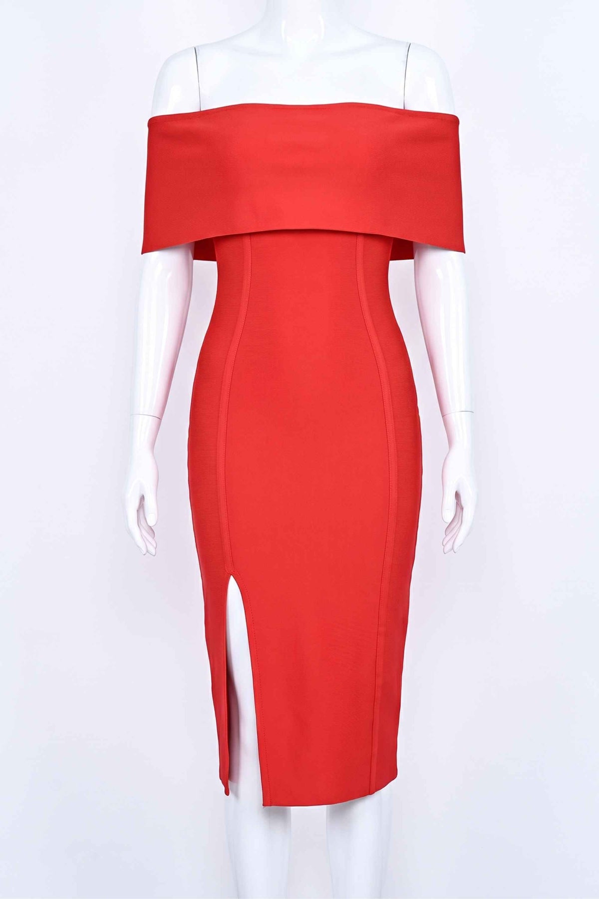 Woman wearing a figure flattering Kristina Bodycon Dress Dress - Lipstick Red BODYCON COLLECTION