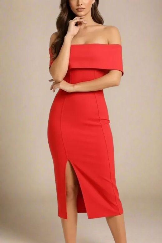 Woman wearing a figure flattering Kristina Bodycon Dress Dress - Lipstick Red BODYCON COLLECTION