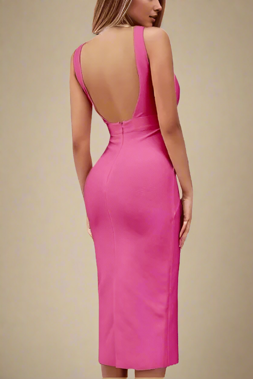 Woman wearing a figure flattering  Kylie Bodycon Midi Dress - Hot Pink BODYCON COLLECTION
