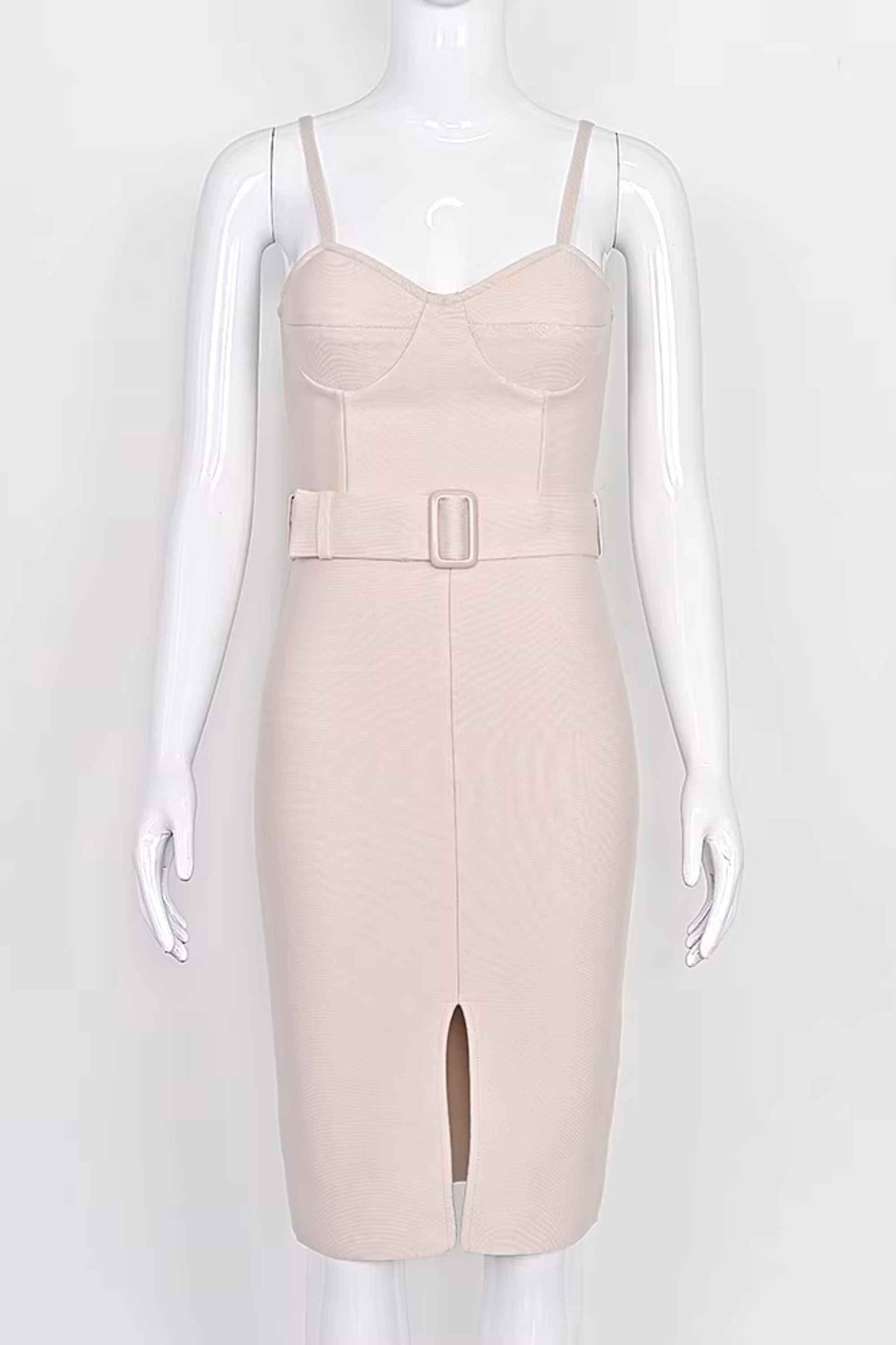 Woman wearing a figure flattering Lana Bandage Dress - Cream BODYCON COLLECTION Pty Ltd