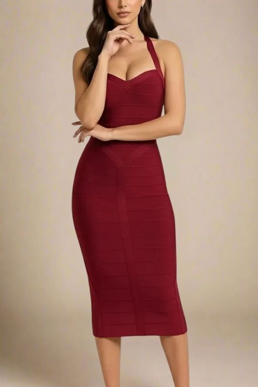 red midi dress formal BODYCON COLLECTION Women's Red Wine Bandage Midi Dress, S