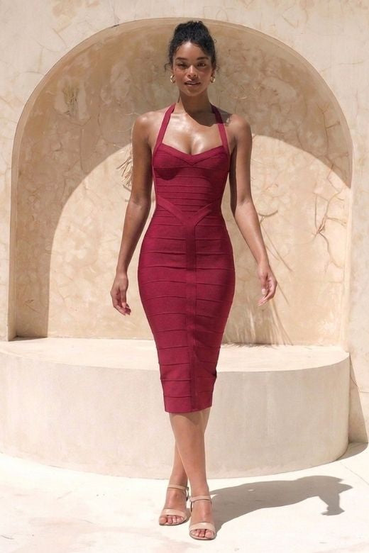 Woman wearing a figure flattering Lara Bandage Midi Dress - Red Wine BODYCON COLLECTION Pty Ltd