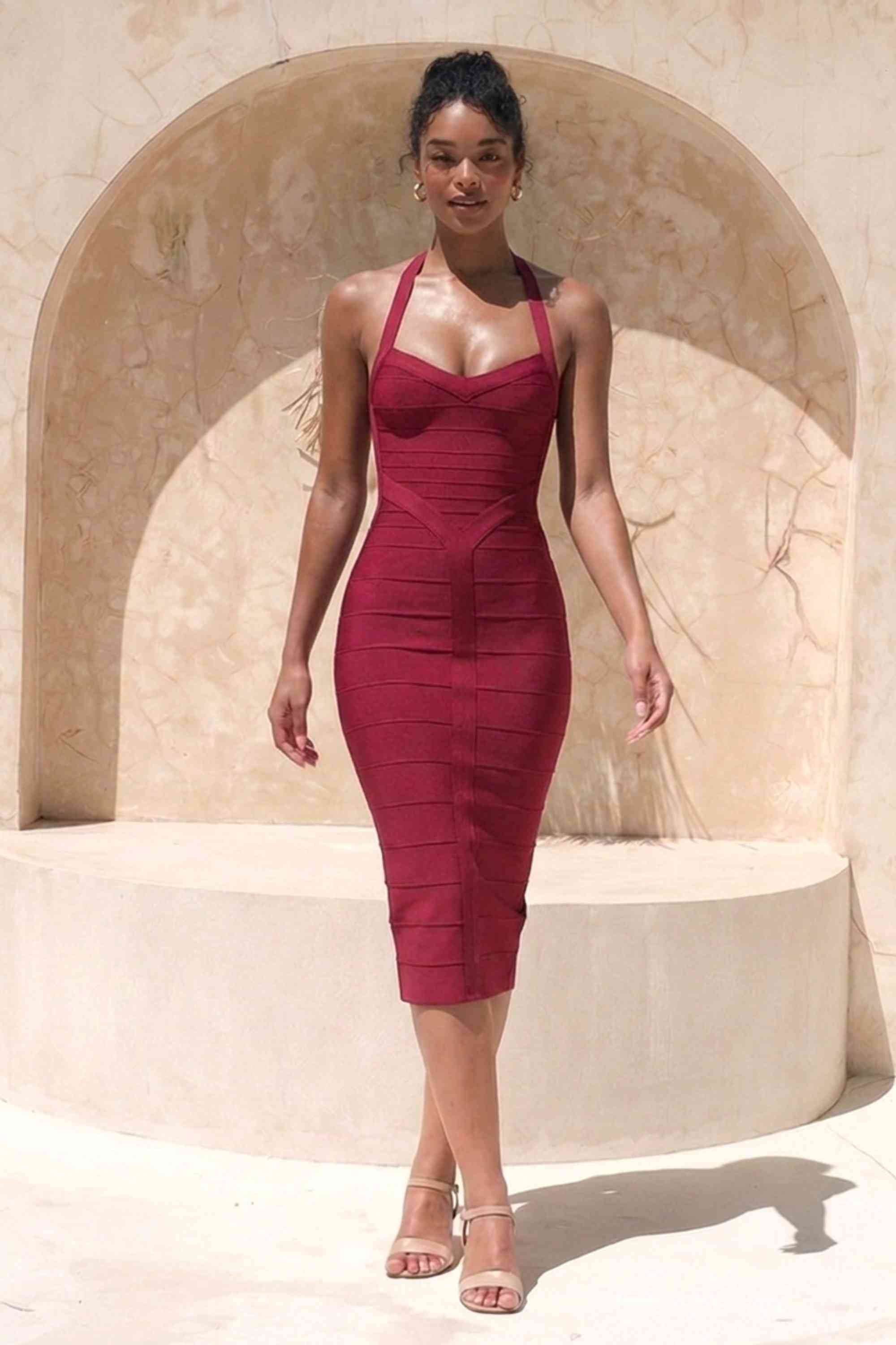Woman wearing a figure flattering Lara Bandage Midi Dress - Red Wine BODYCON COLLECTION Pty Ltd