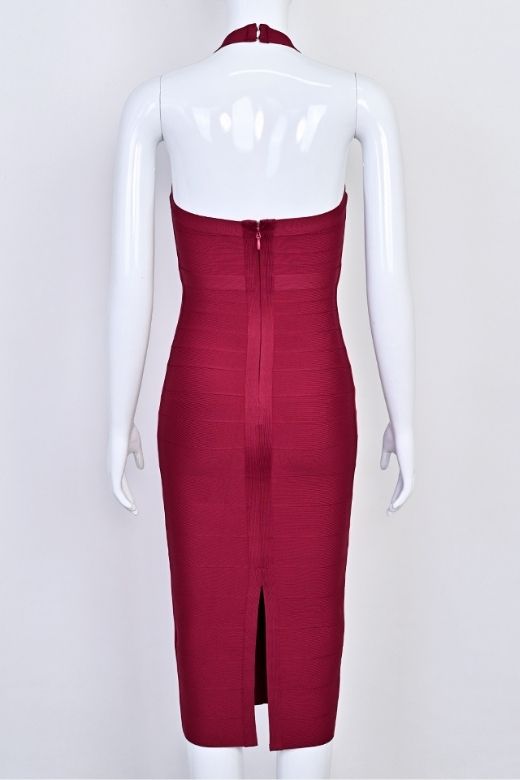 Woman wearing a figure flattering Lara Bandage Midi Dress - Red Wine BODYCON COLLECTION Pty Ltd