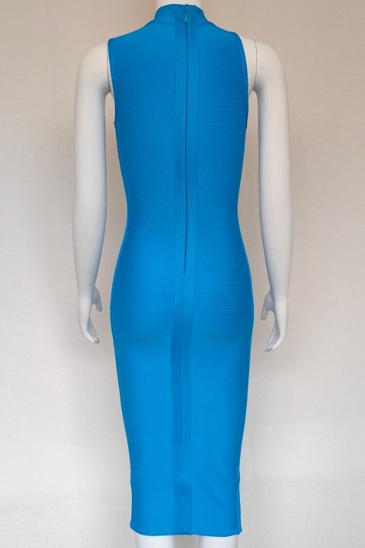 Woman wearing a figure flattering Layla Bandage Midi Dress - Sky Blue Bodycon Collection