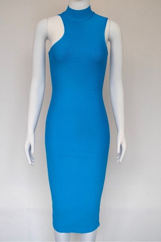 Woman wearing a figure flattering Layla Bandage Midi Dress - Sky Blue Bodycon Collection