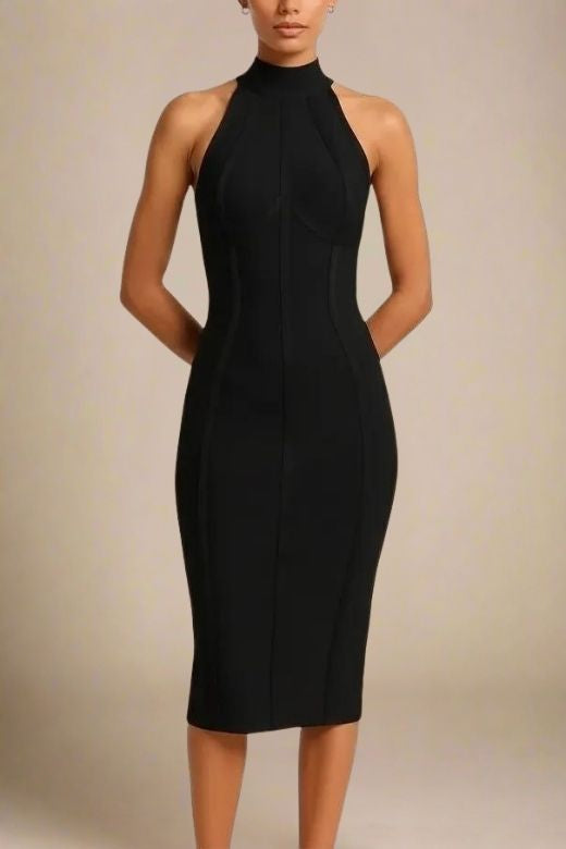 Classic Black Halterneck Lea Bandage Midi Dress Womens Bodycon Dress