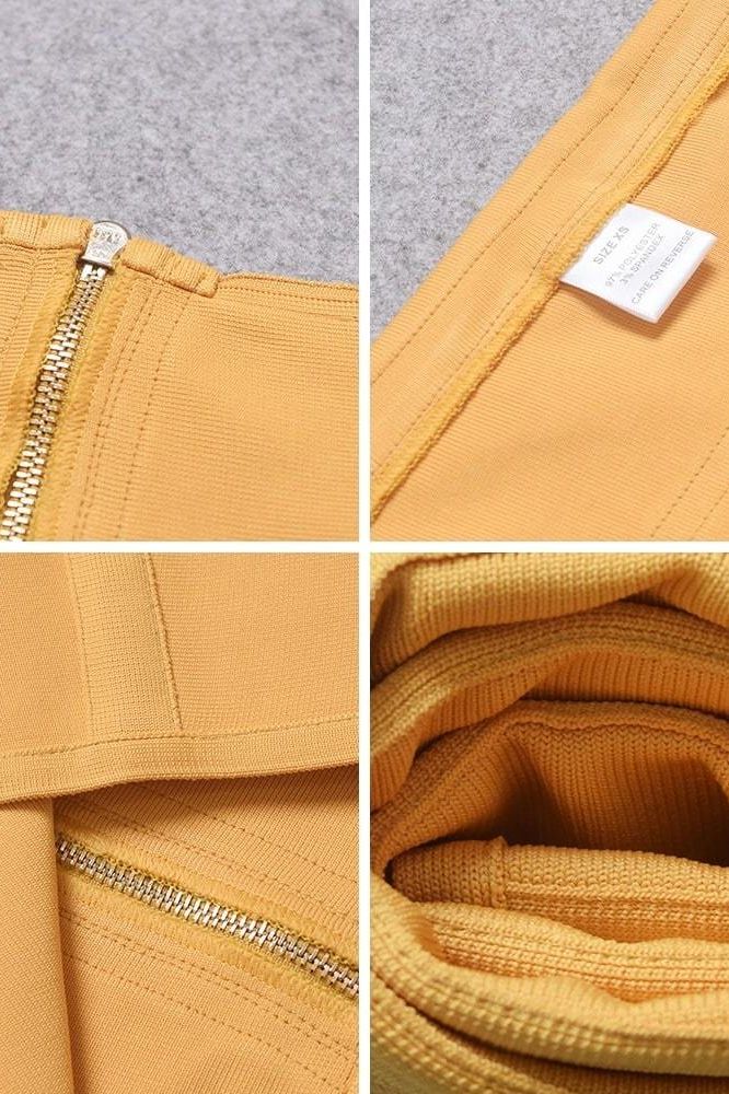 Woman wearing a figure flattering Lea Bandage Midi Dress - Mustard Yellow Bodycon Collection