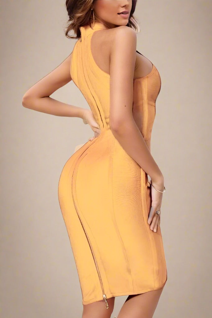 Woman wearing a figure flattering  Lea Bandage Midi Dress - Mustard Yellow Bodycon Collection