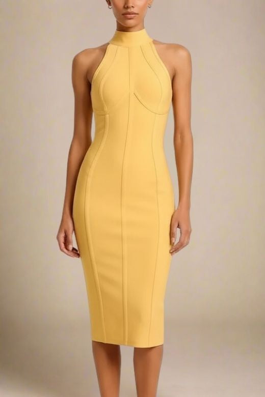 Bodycon Collection Women's Mustard Yellow Bandage Midi Dress, High Neck, Pencil Style, Polyester and Elastane, Size L Bodycon Collection Women's Mustard Yellow Bandage Midi Dress, High Neck, Pencil Style, Polyester and Elastane, Size L
