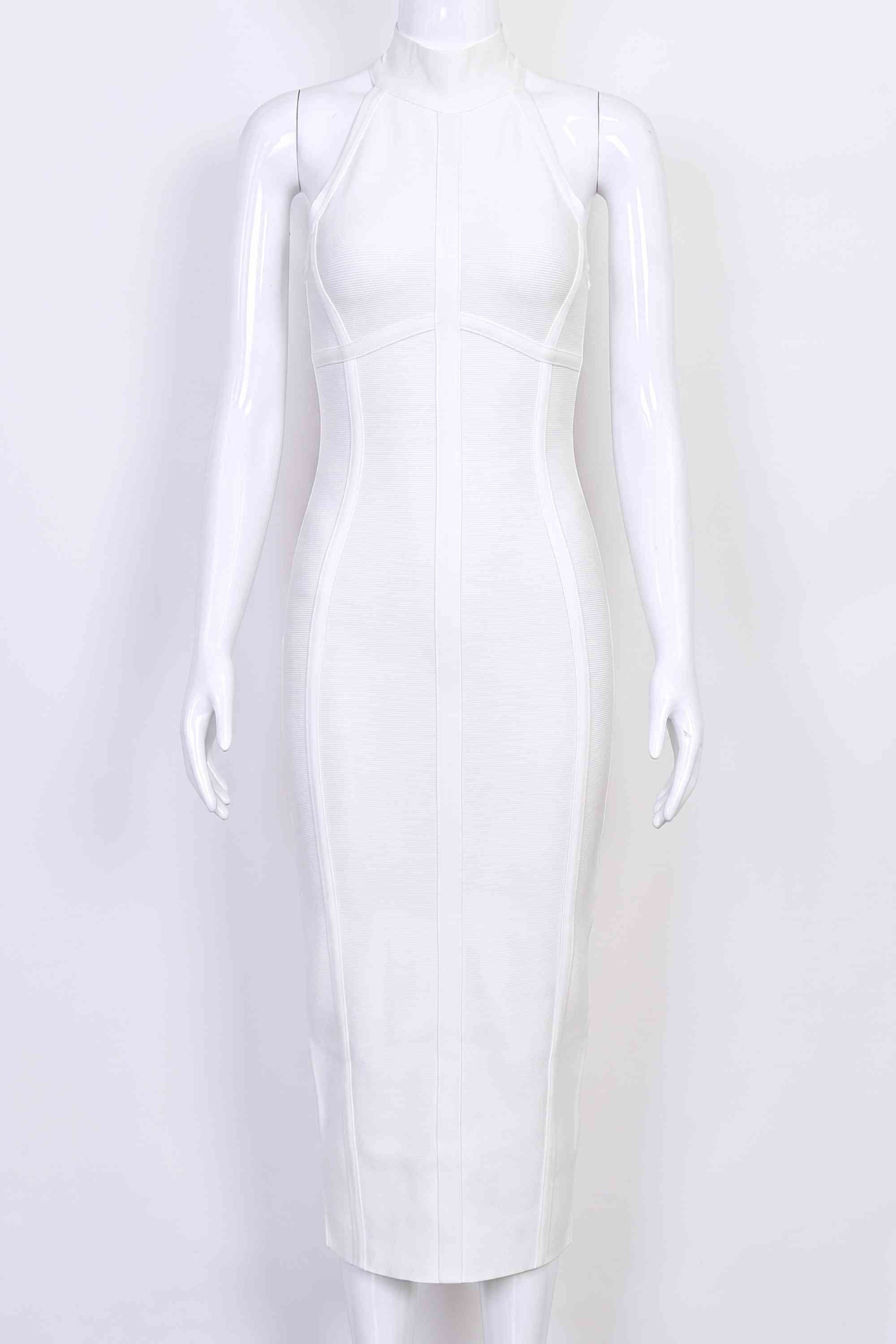Woman wearing a figure flattering Lea Bandage Midi Dress - Pearl White Bodycon Collection