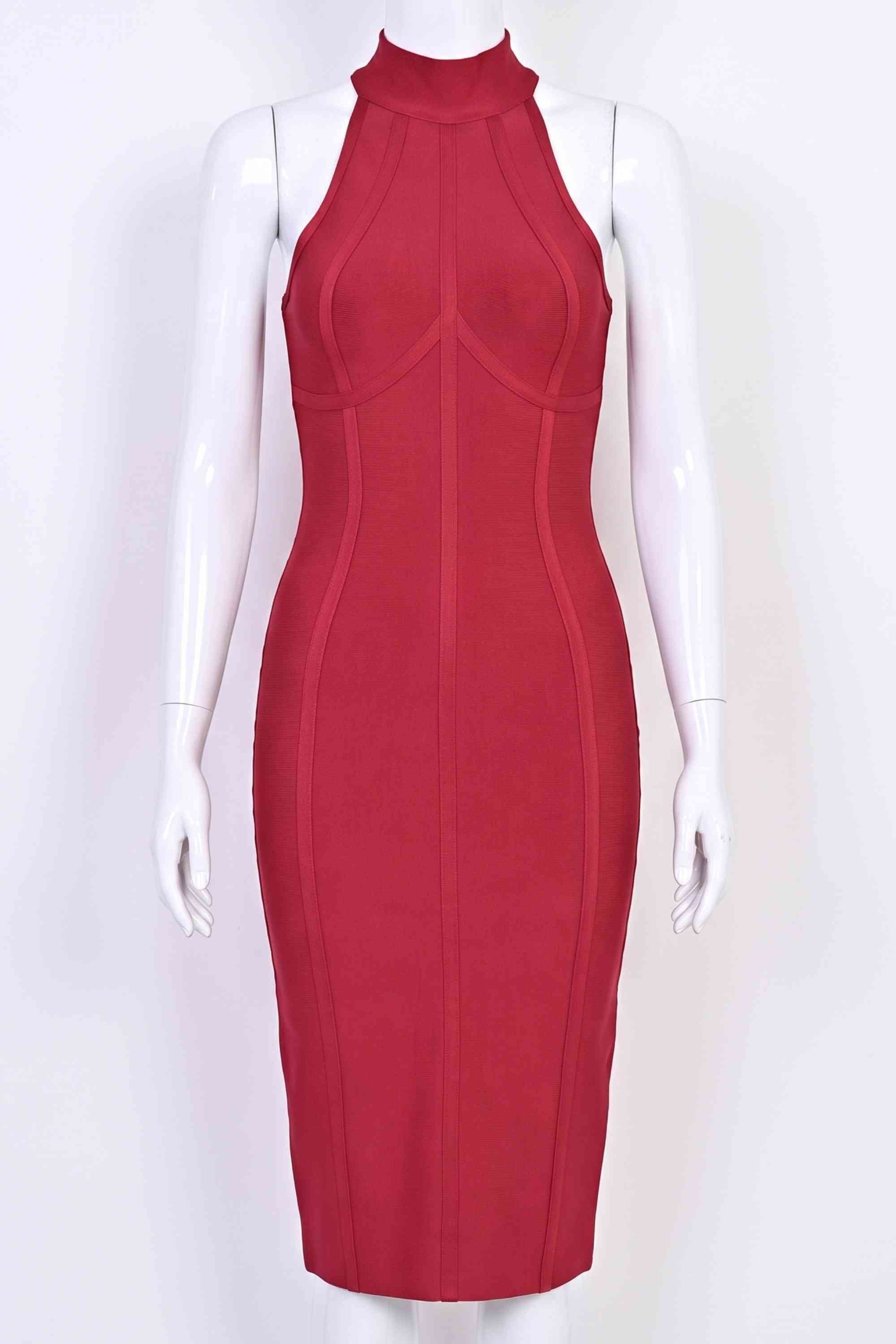 Woman wearing a figure flattering Lea Bandage Midi Dress - Red Wine Bodycon Collection
