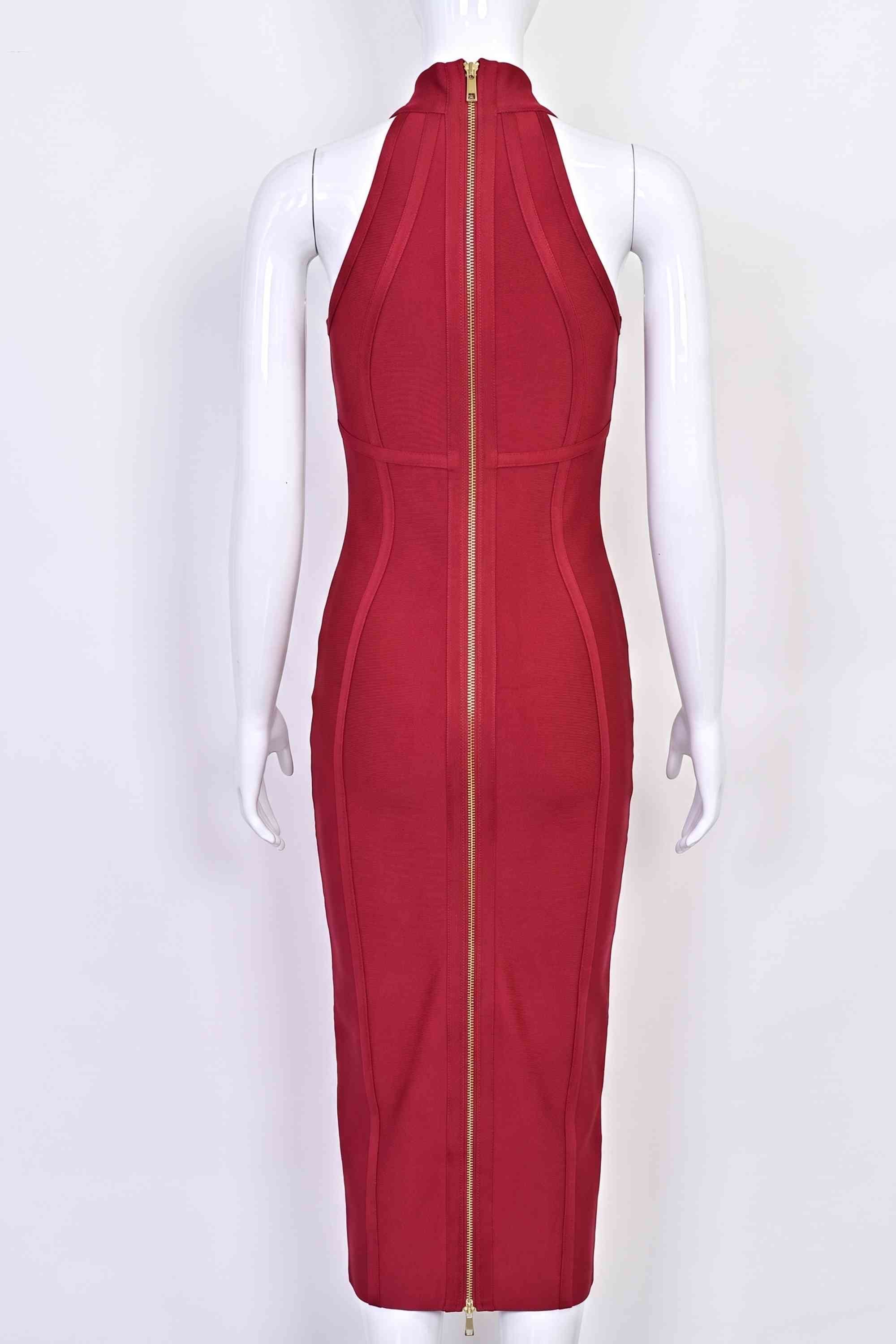 Woman wearing a figure flattering Lea Bandage Midi Dress - Red Wine Bodycon Collection