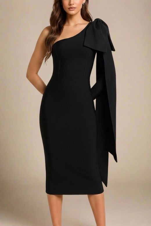 Woman wearing a figure flattering Lela Long Sleeve Bandage Midi Dress - Classic Black BODYCON COLLECTION