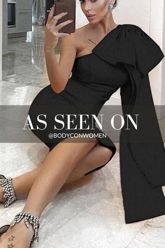 Woman wearing a figure flattering Lela Long Sleeve Bandage Midi Dress - Classic Black BODYCON COLLECTION