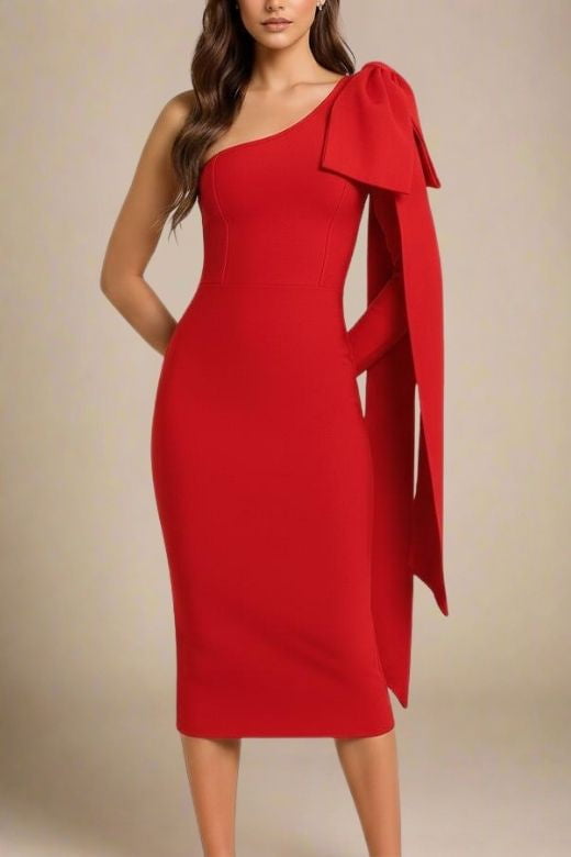 Woman wearing a figure flattering Lela Long Sleeve Bandage Midi Dress - Lipstick Red BODYCON COLLECTION
