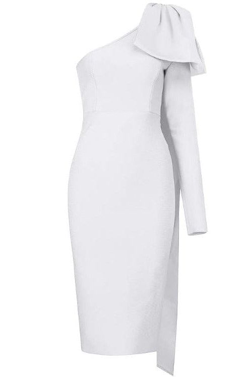 Woman wearing a figure flattering  Lela Long Sleeve Bandage Midi Dress - Pearl White BODYCON COLLECTION