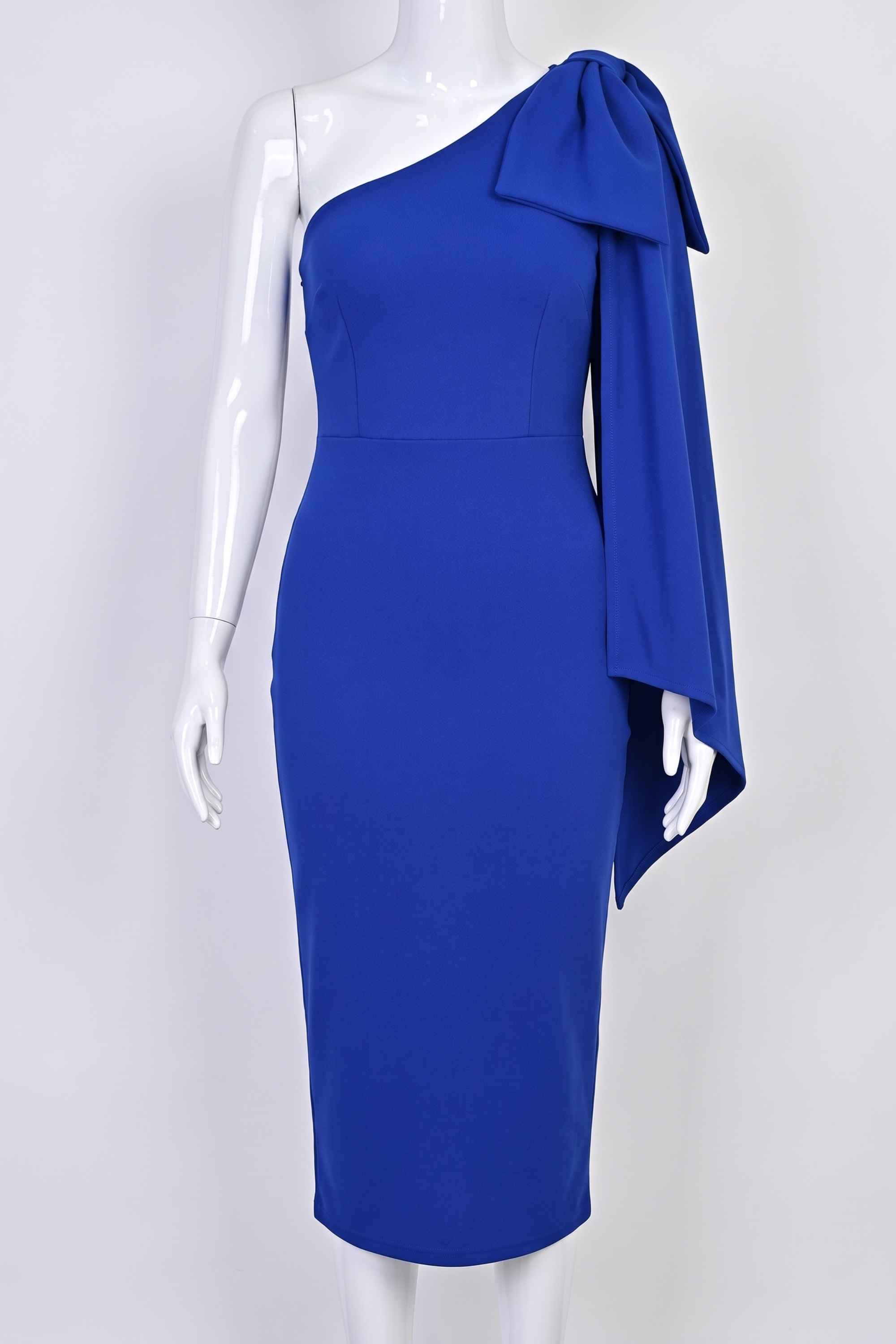 Woman wearing a figure flattering Lela Long Sleeve Bandage Midi Dress - Royal Blue BODYCON COLLECTION