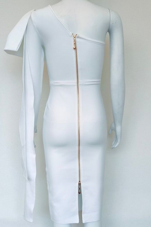 Woman wearing a figure flattering Lela Long Sleeve Bandage Midi Dress - White Pearl BODYCON COLLECTION