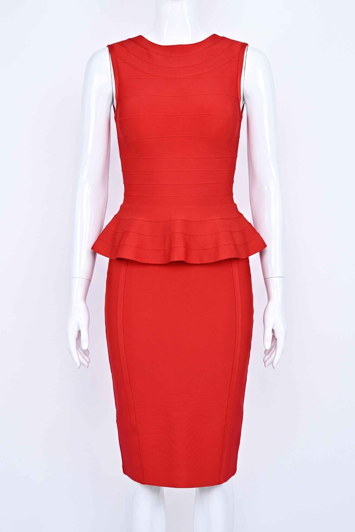 Woman wearing a figure flattering Leni Bandage Top and Pencil Skirt Outfit Set - Lipstick Red BODYCON COLLECTION
