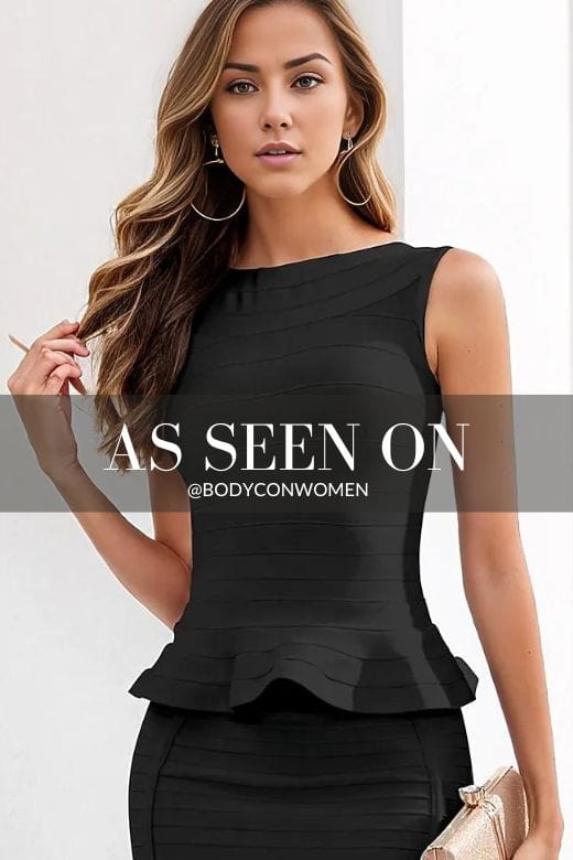 Woman wearing a figure flattering  Leni Bandage Top - Classic Black BODYCON COLLECTION