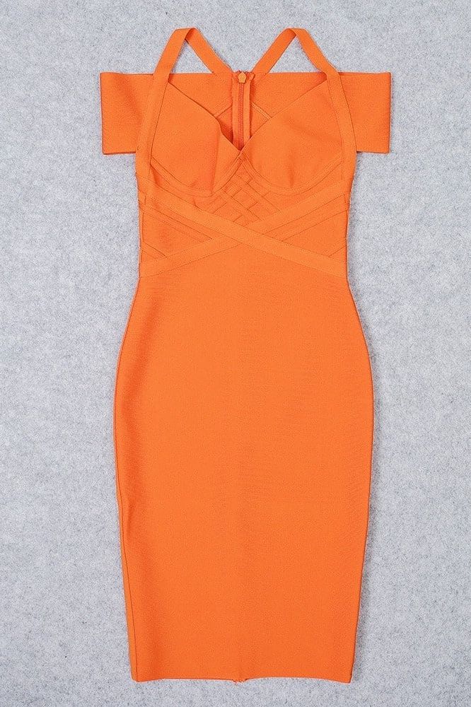 Woman wearing a figure flattering Leo Bandage Midi Dress - Apricot Orange Bodycon Collection