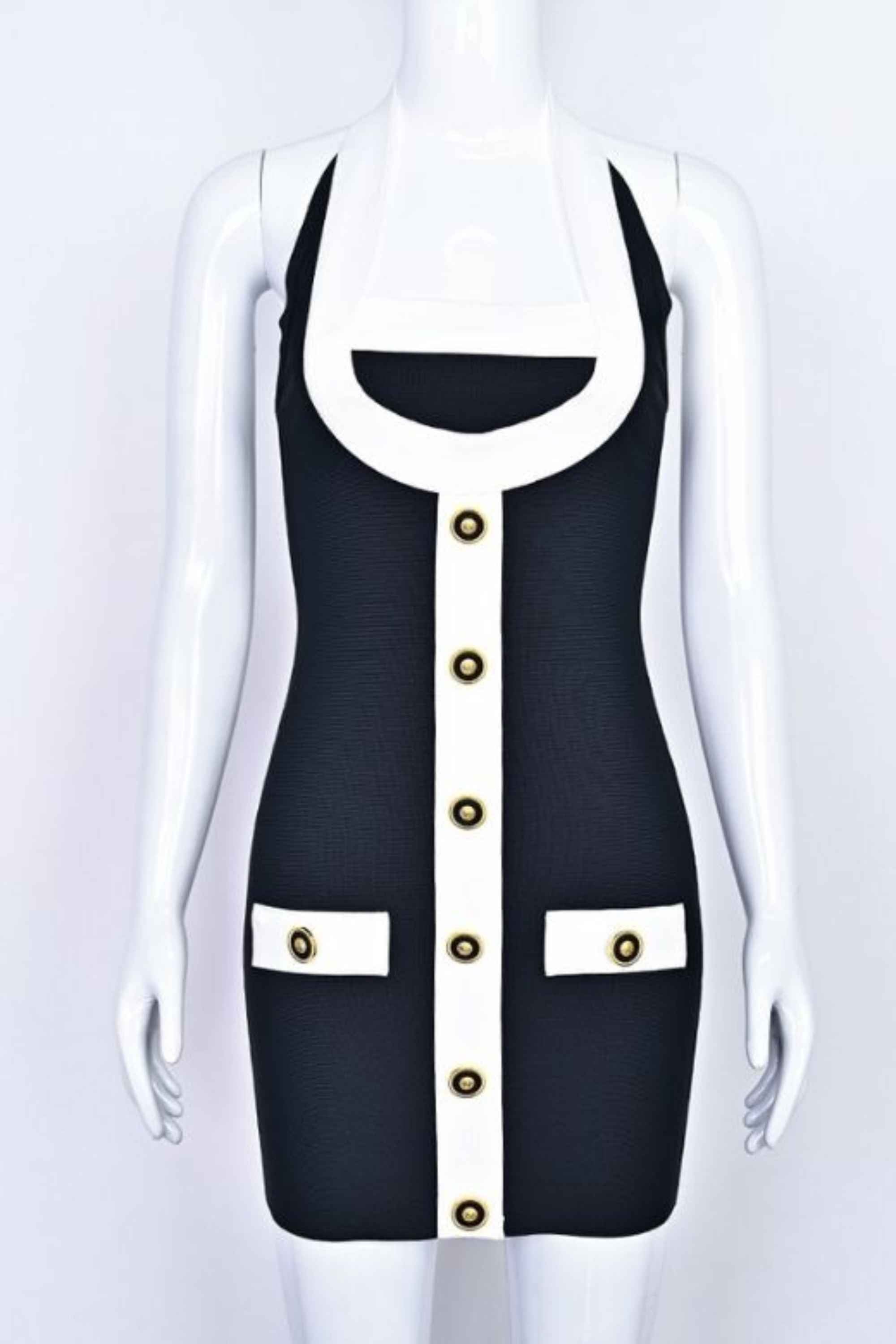 Woman wearing a figure flattering Leone Bandage Mini Dress - Classic Black BODYCON COLLECTION Pty Ltd