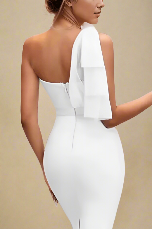 Woman wearing a figure flattering  Lesley Bandage Dress - Pearl White BODYCON COLLECTION