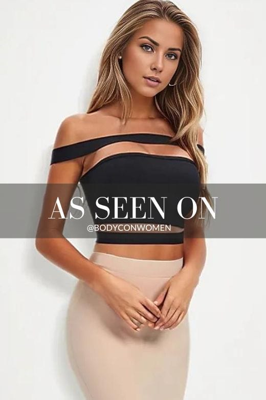 Woman wearing a figure flattering Lexia Bandage Crop Top - Pearl White BODYCON COLLECTION