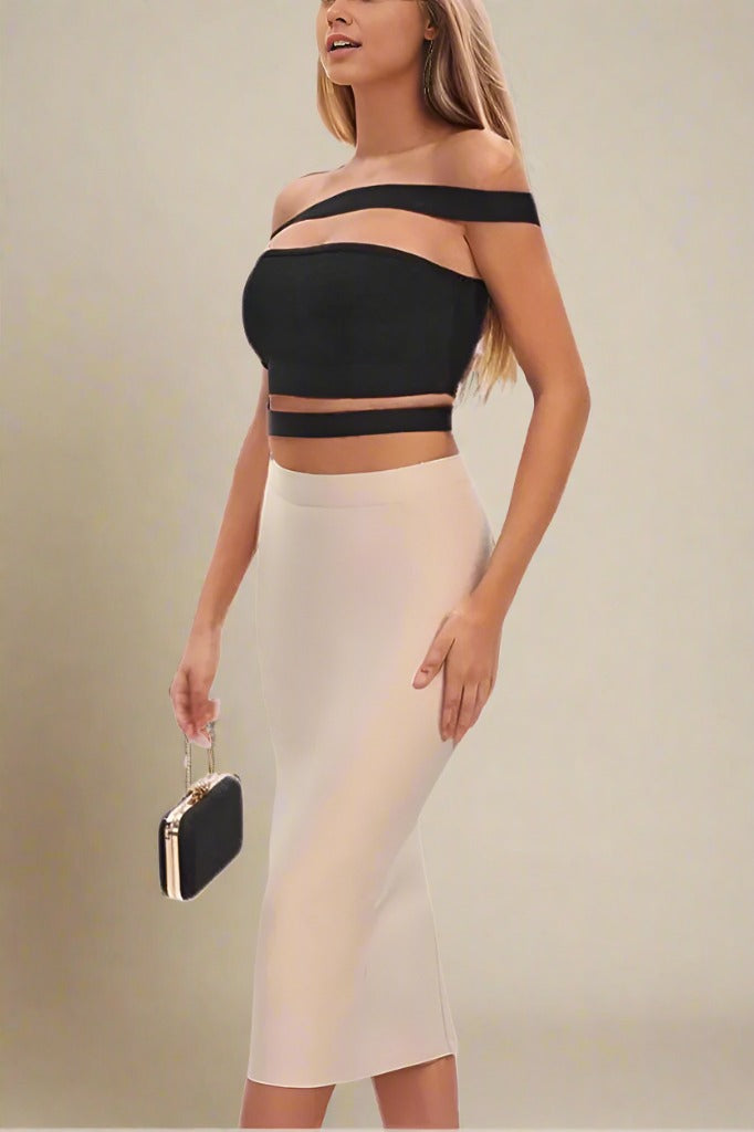 Woman wearing a figure flattering  Lexia Bandage Top and Midi Skirt Set - Classic Black BODYCON COLLECTION