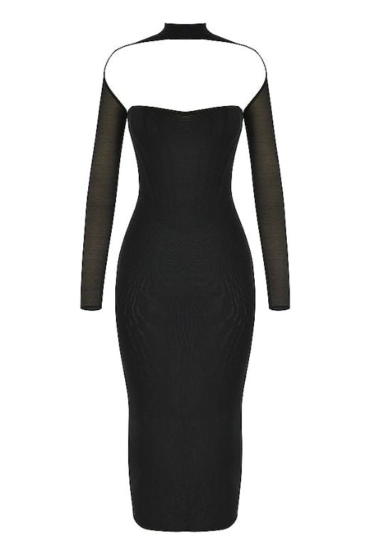 Woman wearing a figure flattering Lillian Bodycon Midi Dress - Classic Black BODYCON COLLECTION