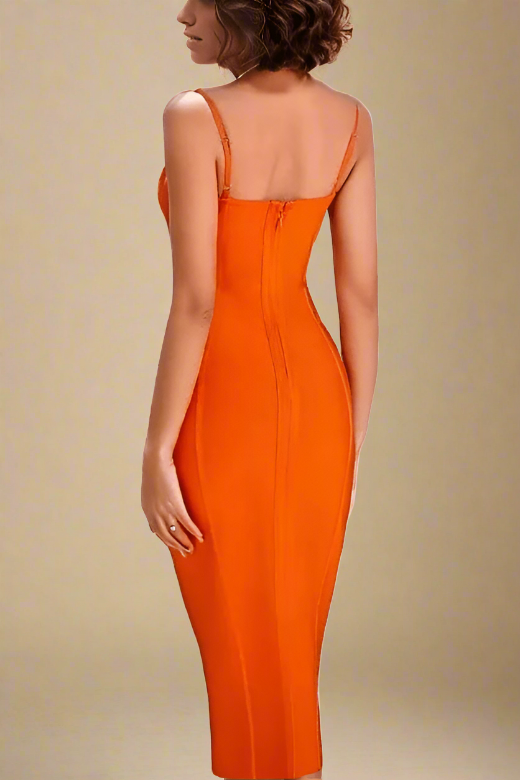 Woman wearing a figure flattering  Lina Bandage Midi Dress - Apricot Orange BODYCON COLLECTION