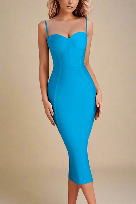 Woman wearing a figure flattering  Lina Bandage Midi Dress - Sky Blue BODYCON COLLECTION