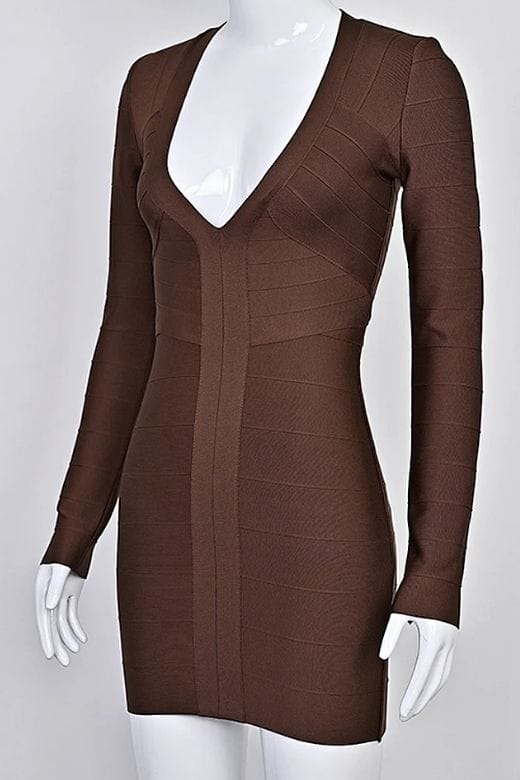 Woman wearing a figure flattering Lisa Long Sleeve Bandage Mini Dress - Chocolate Brown BODYCON COLLECTION Pty Ltd