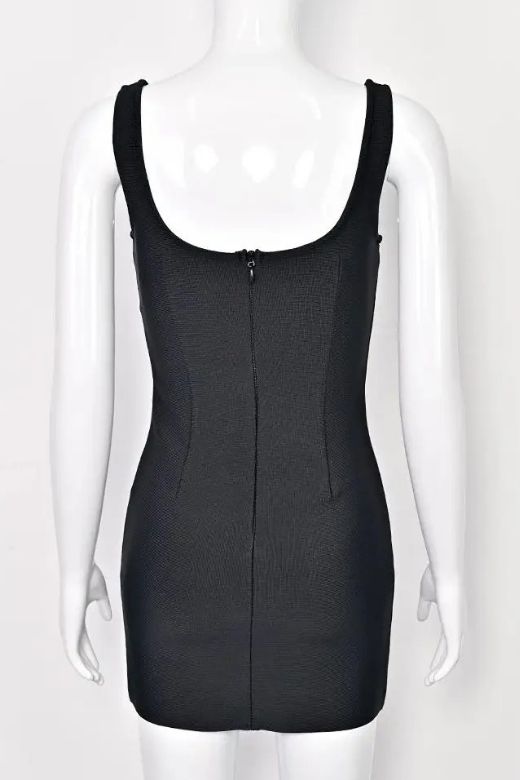 Woman wearing a figure flattering Livia Bodycon Mini Dress - Classic Black BODYCON COLLECTION Pty Ltd