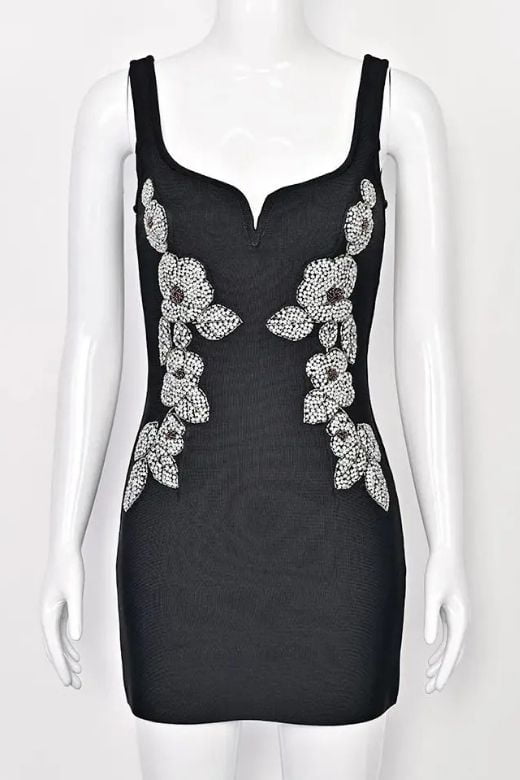 Woman wearing a figure flattering Livia Bodycon Mini Dress - Classic Black BODYCON COLLECTION Pty Ltd