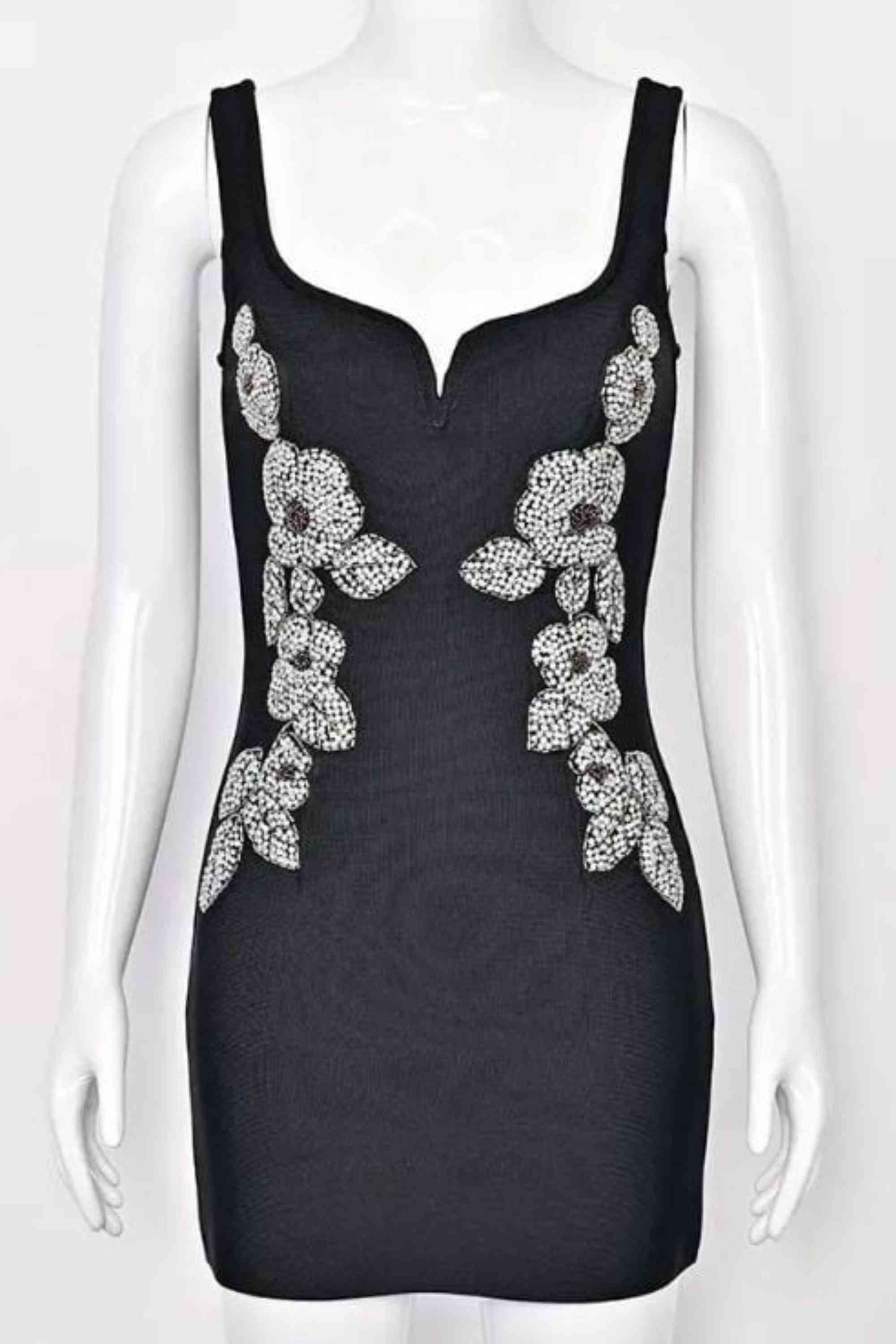 Woman wearing a figure flattering Livia Bodycon Mini Dress - Classic Black BODYCON COLLECTION Pty Ltd