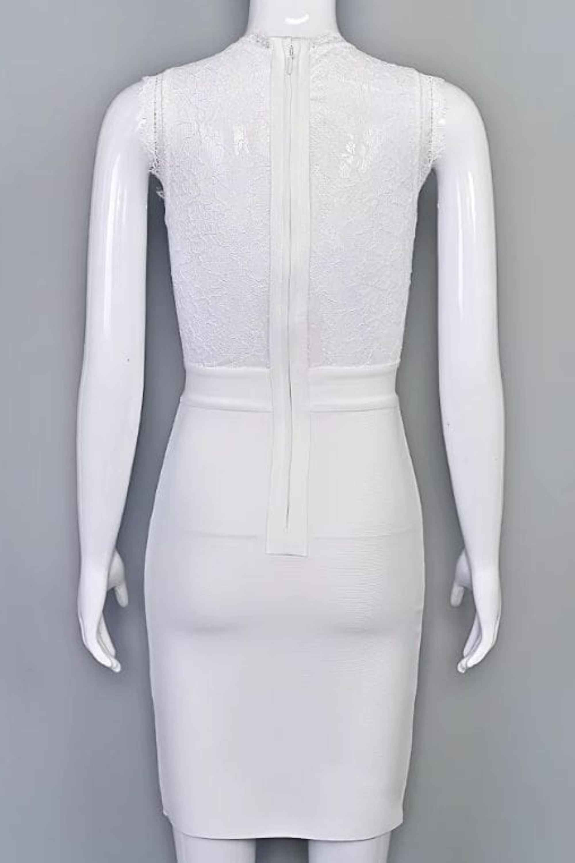 Woman wearing a figure flattering Lori Bodycon Dress - White Pearl BODYCON COLLECTION Pty Ltd