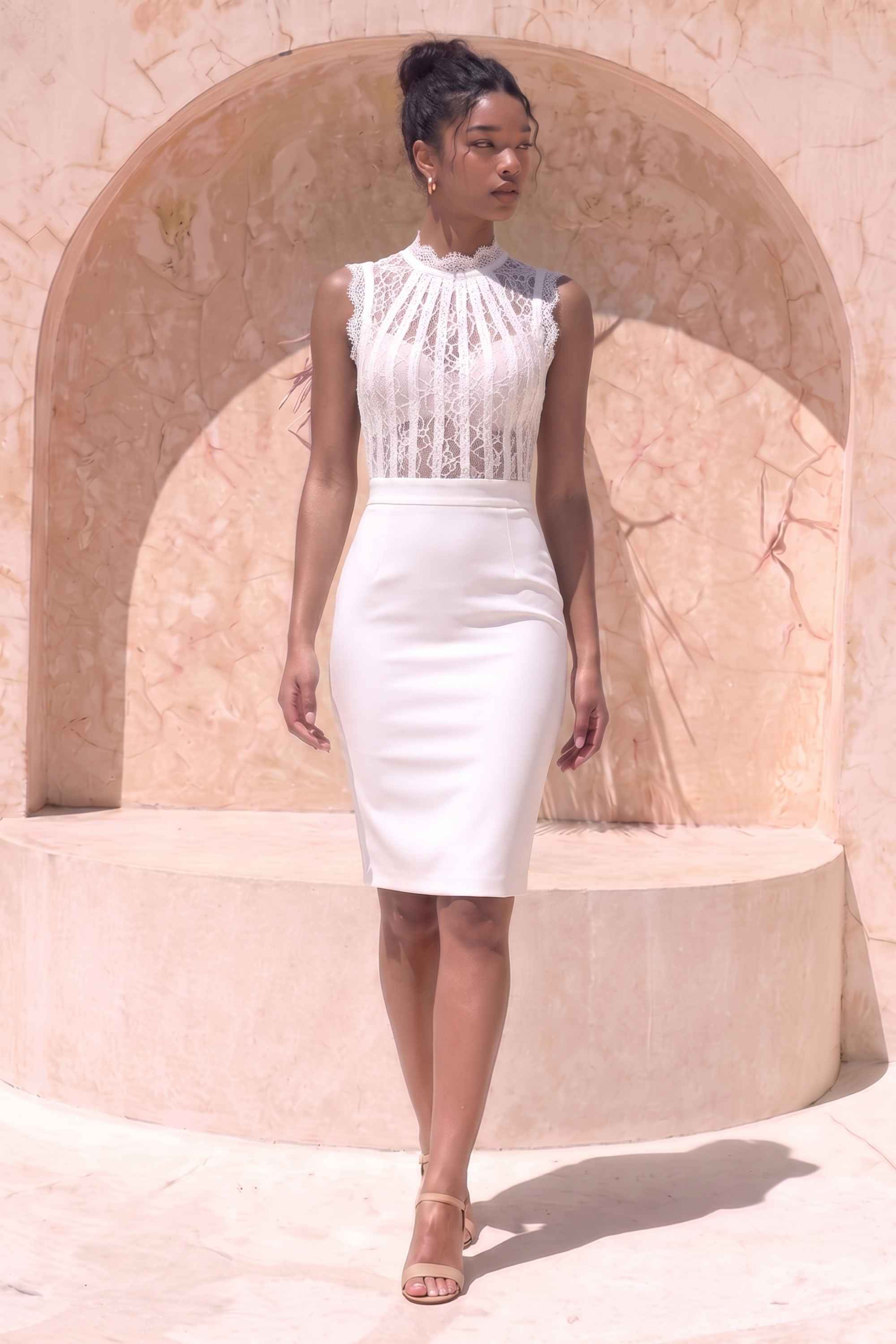 Woman wearing a figure flattering Lori Bodycon Dress - White Pearl BODYCON COLLECTION Pty Ltd