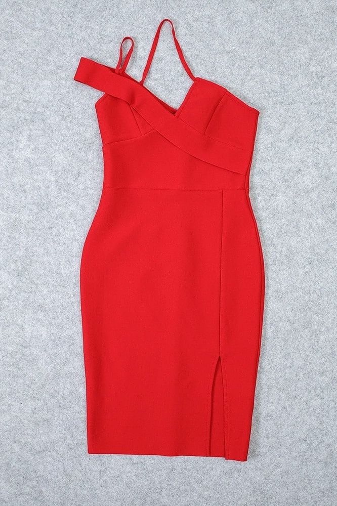 Woman wearing a figure flattering Luna Bodycon Dress - Lipstick Red Bodycon Collection