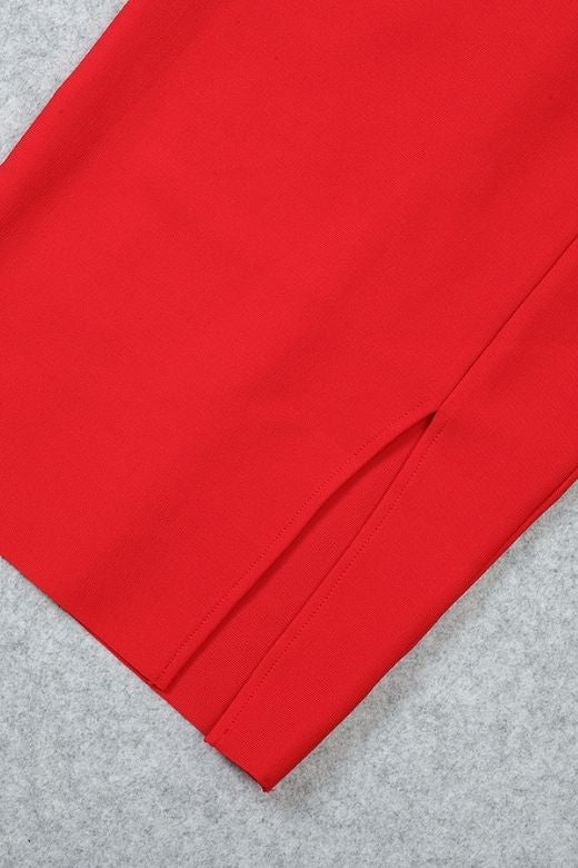 Woman wearing a figure flattering Luna Bodycon Midi Dress - Lipstick Red Bodycon Collection