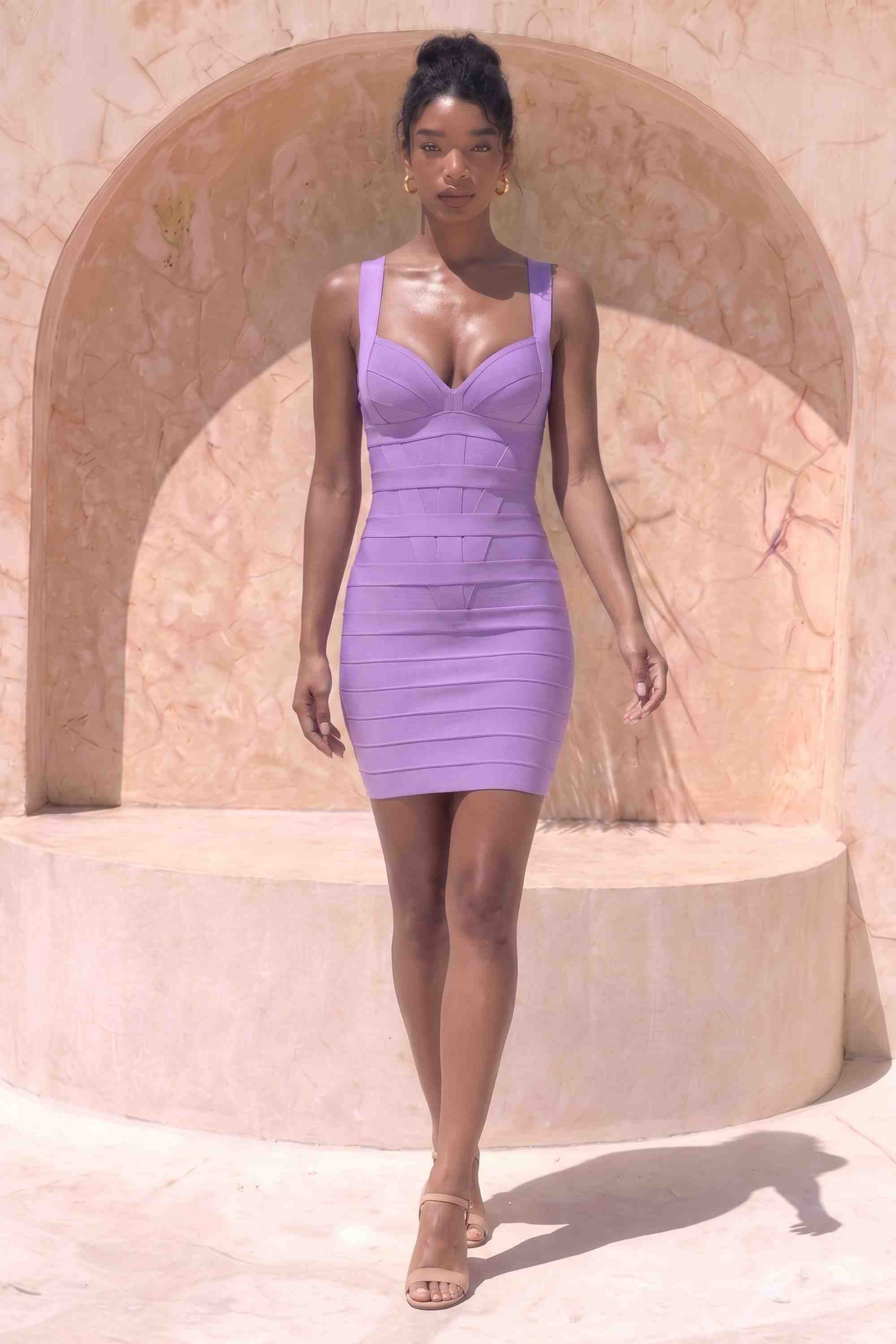 Woman wearing a figure flattering Madison Bandage Mini Dress - Violet Purple BODYCON COLLECTION Pty Ltd