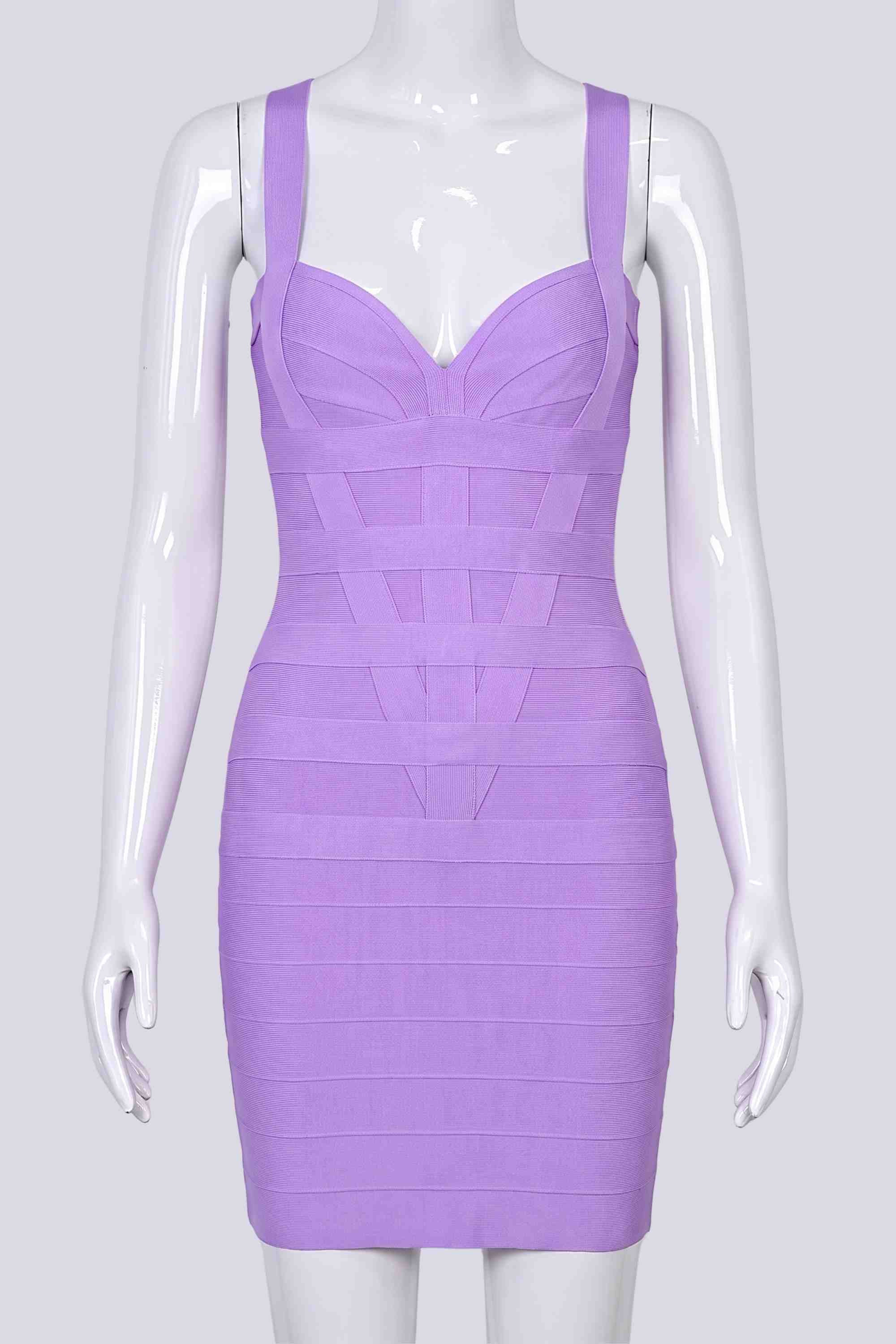 Woman wearing a figure flattering Madison Bandage Mini Dress - Violet Purple BODYCON COLLECTION Pty Ltd