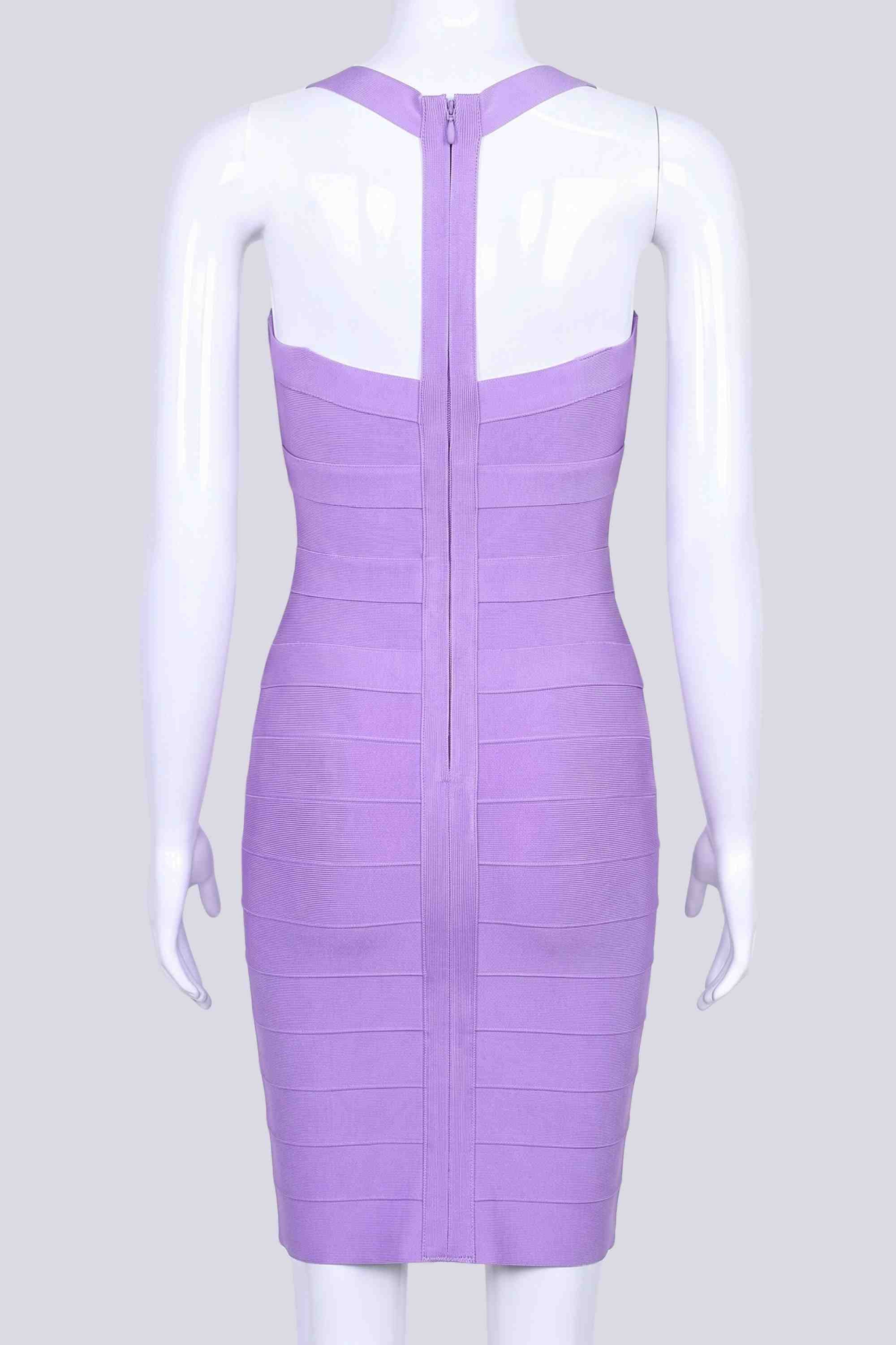 Woman wearing a figure flattering Madison Bandage Mini Dress - Violet Purple BODYCON COLLECTION Pty Ltd