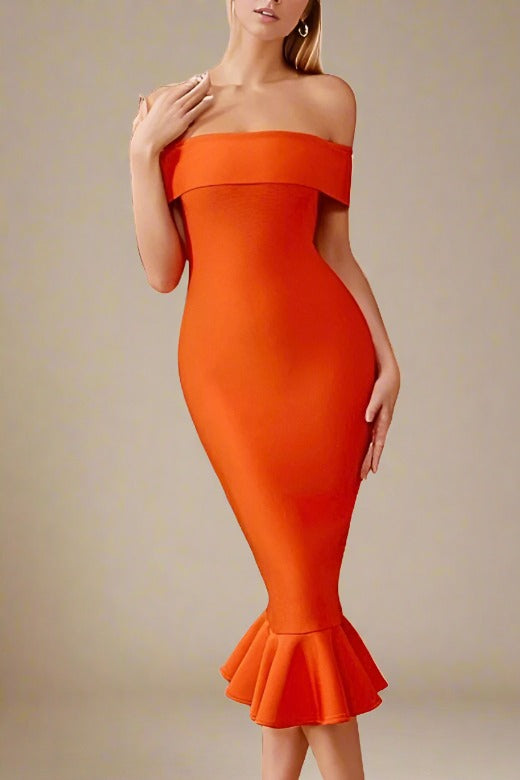 Woman wearing a figure flattering  Mandy Bodycon Midi Dress - Apricot Orange BODYCON COLLECTION